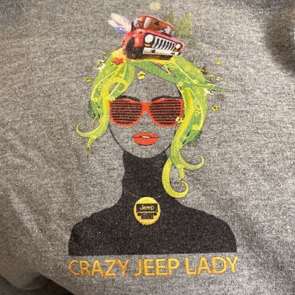 Jerzees Gray “Crazy Jeep Lady” Hooded Sweatshirt, size smal - Picture 4 of 4